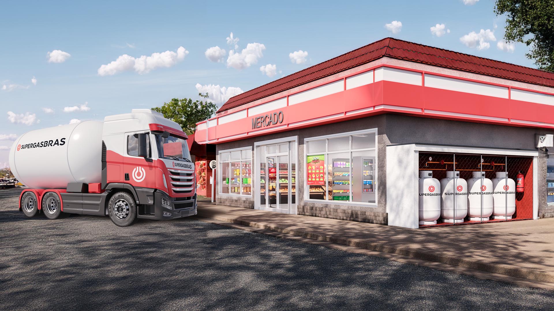 Caminhão de GLP a granel Supergasbras abastecendo um comércio